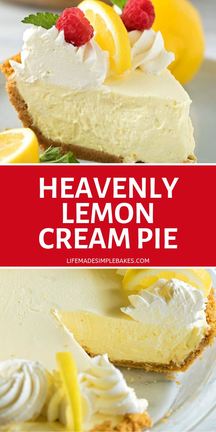 a lemon cream pie with fresh fruit on top and the words heavenly lemon cream pie above it