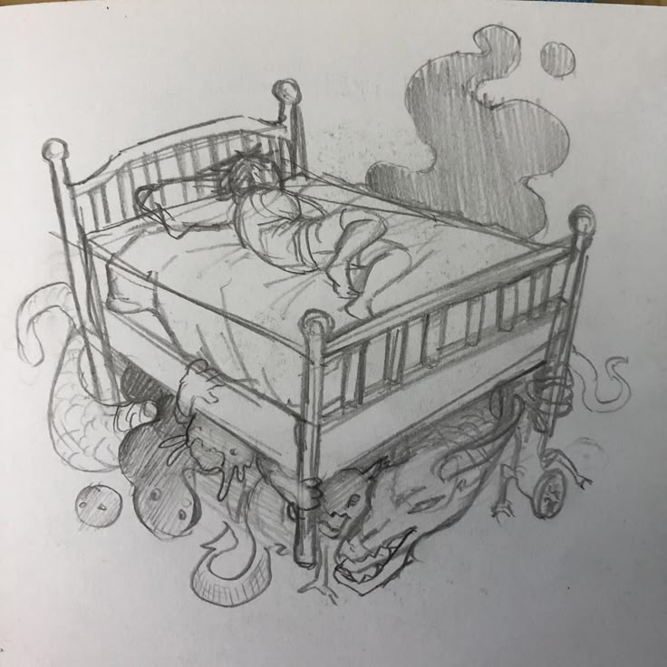 a drawing of a child's bed with an animal on the ground next to it