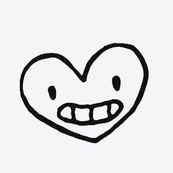 a black and white drawing of a heart with an evil smile on it's face