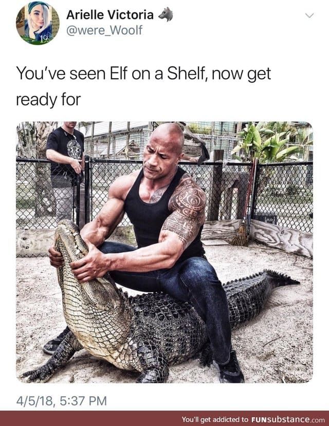 a man sitting on the ground with an alligator in his lap and caption that reads, you've seen elf on a shelf, now get ready for