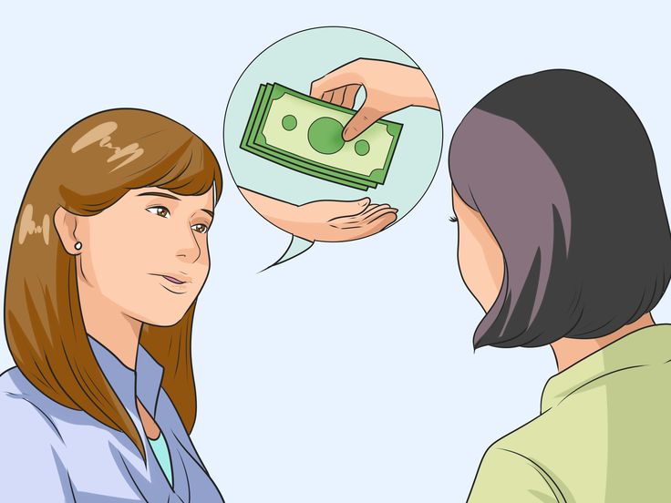 a woman handing money to another woman with a speech bubble above her head that says,