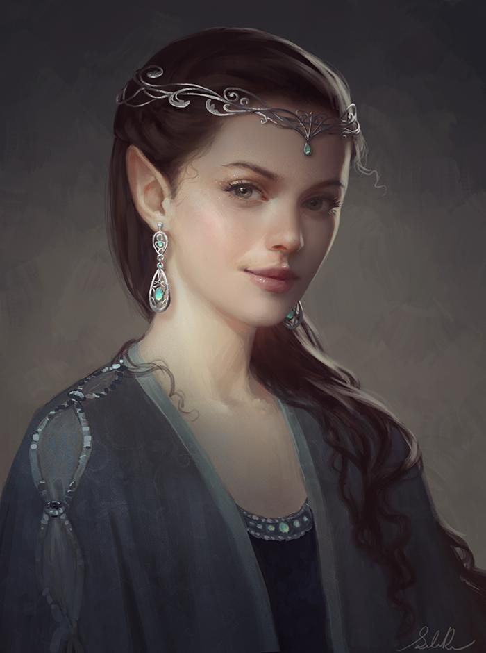 a digital painting of a woman with long hair and earrings on her head, wearing a black dress