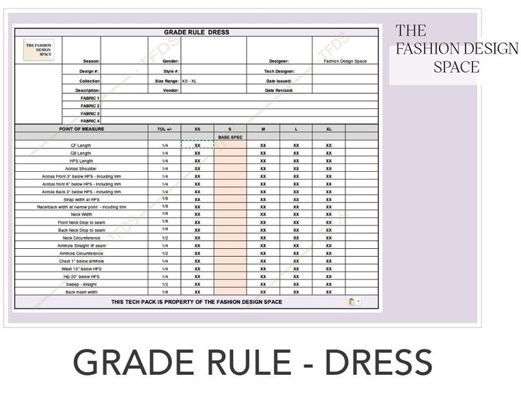 the fashion design space grade rules for dress sizes and measurements, as well as an image of