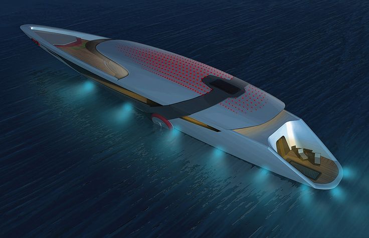 an artist's rendering of a futuristic boat floating in the ocean with lights on it