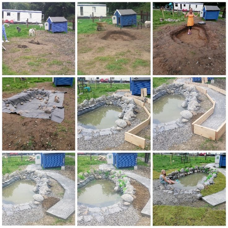 several pictures of different stages of building a pond