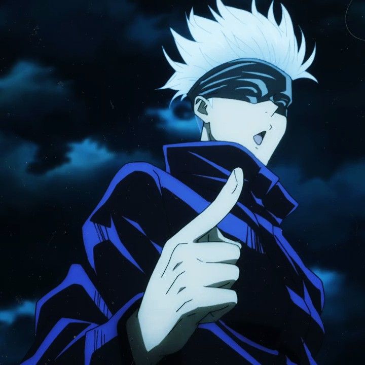 an anime character with white hair and blue eyes pointing to his left side, in front of dark clouds