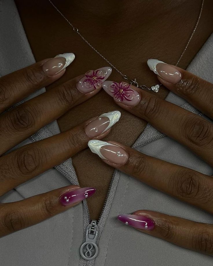 love these sm 🥹🍇🌸 inspo: @nnailedbynic @shopagaloreco products used: *bonding base *velvet teddy + lace base *ultra white + wine *bling… | Instagram Pink Or White Nails, White Gel X Nails, Almond Shape Acrylics, Gel Nail Designs For Fall, White Base Nails, Brown And Pink Nails, Nail Art Birthday, Pink Girly Nails, Coffin Summer Nails