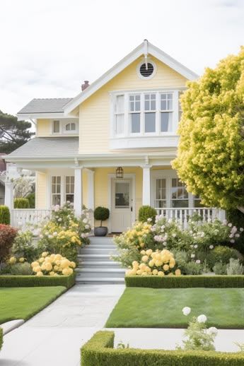 a yellow house with white trim and flowers in the front yard