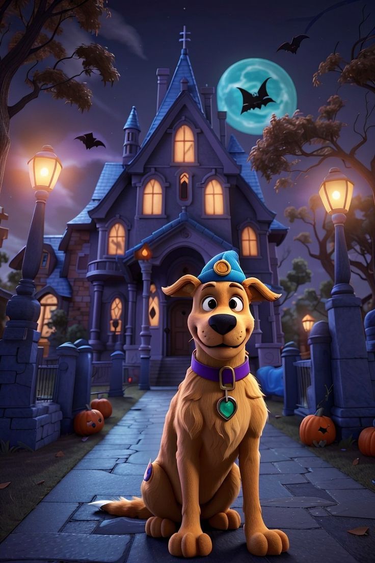 a cartoon dog sitting in front of a house with bats and pumpkins on it