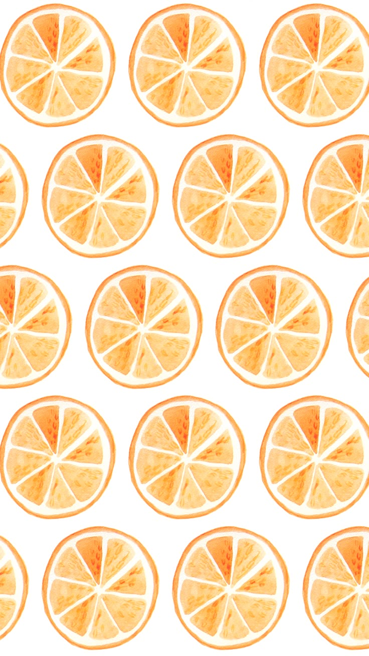 orange slices are arranged in rows on a white background with yellow highlights and the top half cut off