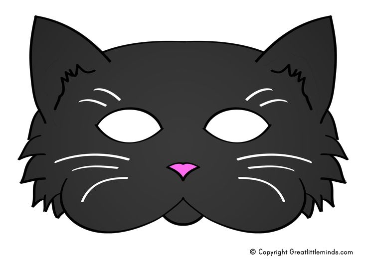 a black cat's face with white eyes and pink nose is shown in the shape of a mask