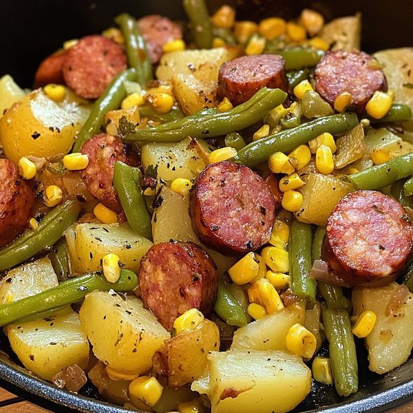 a skillet filled with potatoes, green beans and sausage next to corn on the cob