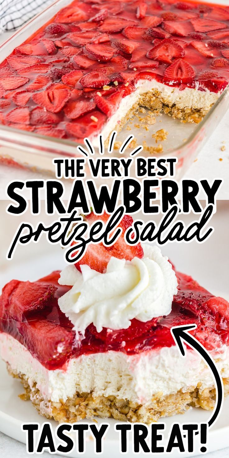 Strawberry Pretzel Salad Strawberry Pretzel Jello, Strawberry Pretzel Jello Salad, Strawberry Pretzel Salad Recipe, Strawberry Pretzel Dessert, Homemade Whipped Cream Recipe, Fresh Strawberry Recipes, Jello Dessert Recipes, Strawberry Pretzel Salad, Pretzel Salad