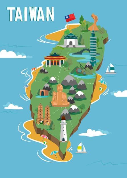 an illustrated map of taiwan with all the main attractions and places to see in it