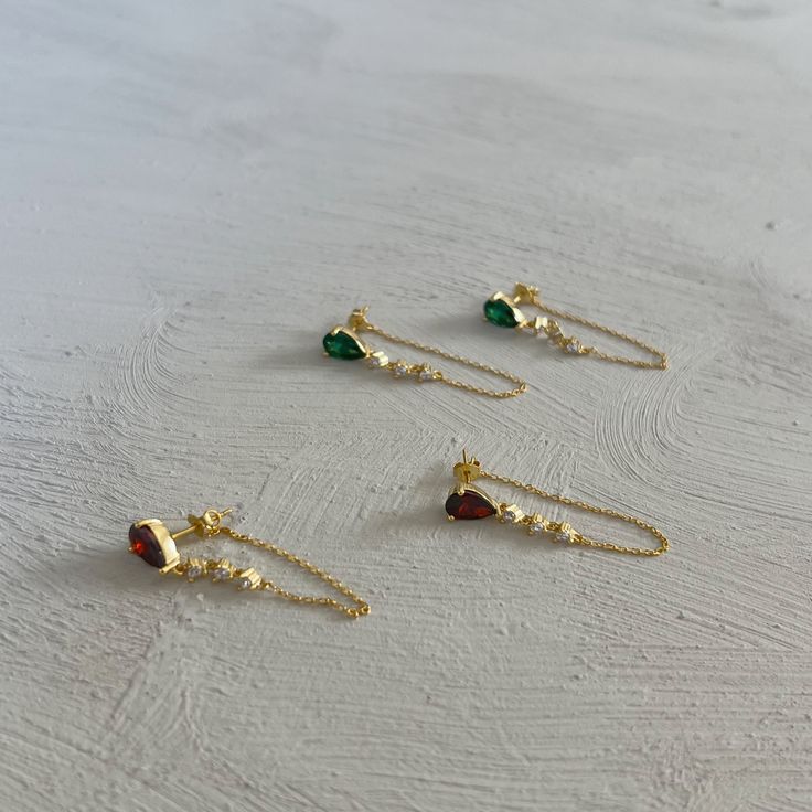 A beautiful zircon crystal stud with a chain going from front to back Material Sterling silver base plated in 18k gold Zircon dangling Earring Stack, Ear Chain, Jewelry Case, Travel Case, Free Jewelry, Sale Items, 18k Gold, Ruby, Emerald