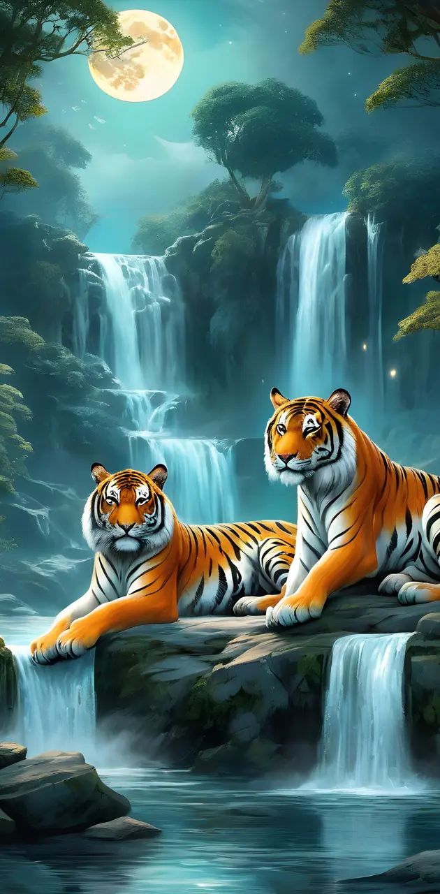 two tigers are sitting on the rocks in front of a waterfall with a full moon