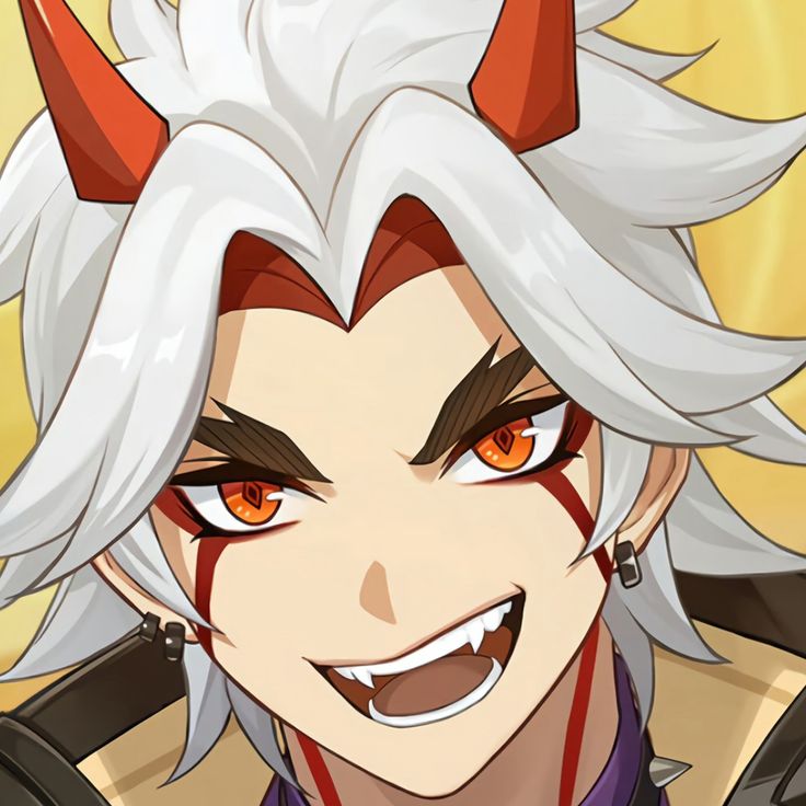 an anime character with white hair and orange eyes, wearing horns on his head is smiling at the camera