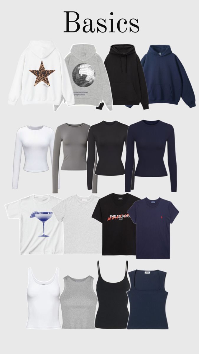 an image of basic clothes for women in different colors and sizes, with the text basic basics