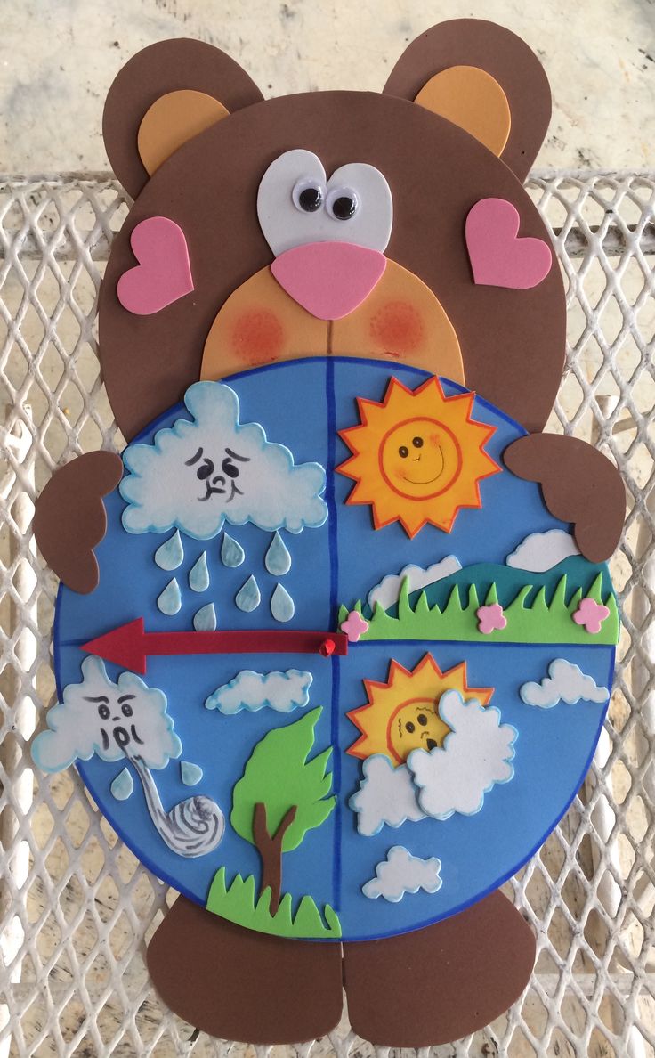 a clock made to look like a teddy bear with weather and climate symbols on it