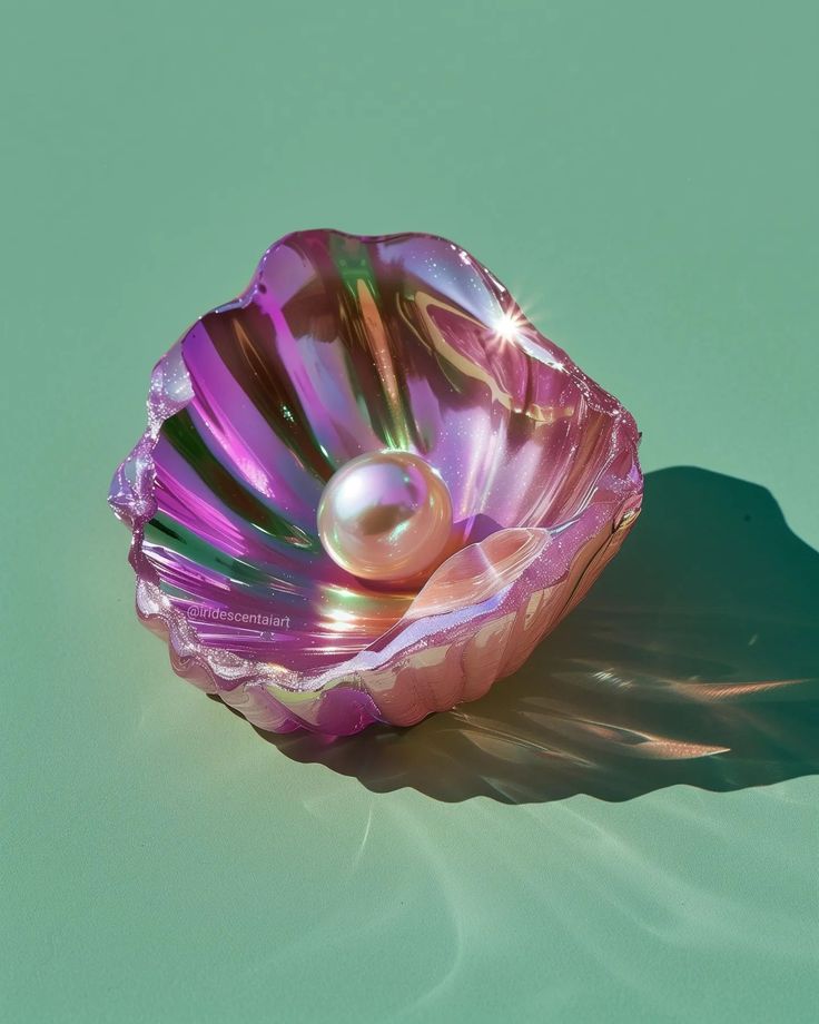 a pink shell with a pearl in it sitting on top of a green tablecloth