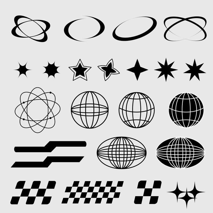 a set of different shapes and sizes of stars, circles and globes on a white background