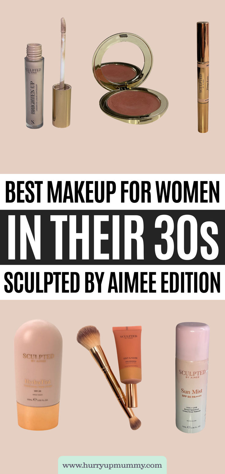 Flat lay of various Sculpted by Aimee makeup products, including concealers, tinted serum, blush, brushes, and sunscreen mist, showcasing the best makeup for women in their 30s. Face Spf, Women In Their 30s, Blush Eyeshadow, Eyeshadow Stick, The Best Makeup, Effortless Beauty, Favorite Makeup Products, Youthful Skin, Best Makeup