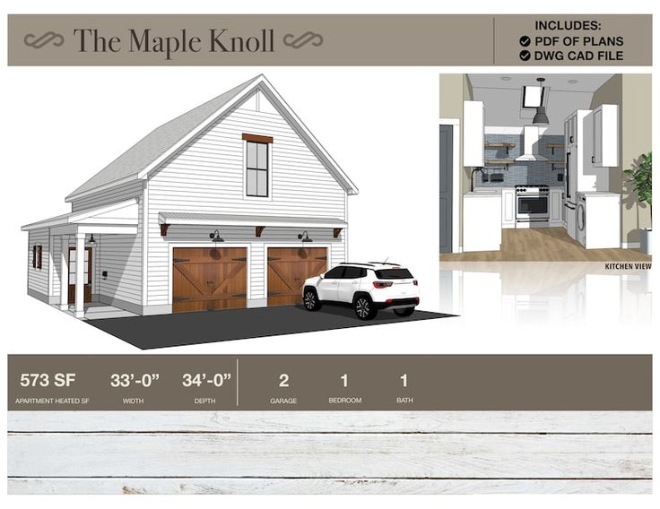 the maple knoll plan is shown with two garages and one living room in it