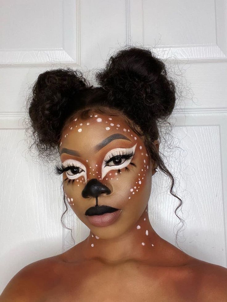 Easy Fantasy Makeup, Animal Face Makeup, Doe Makeup Halloween, Halloween Face Makeup For Women, Animal Costumes Women Diy, Fun Halloween Makeup Looks, Deer Face Makeup, Makeup Halloween Ideas Creative, Animal Halloween Makeup