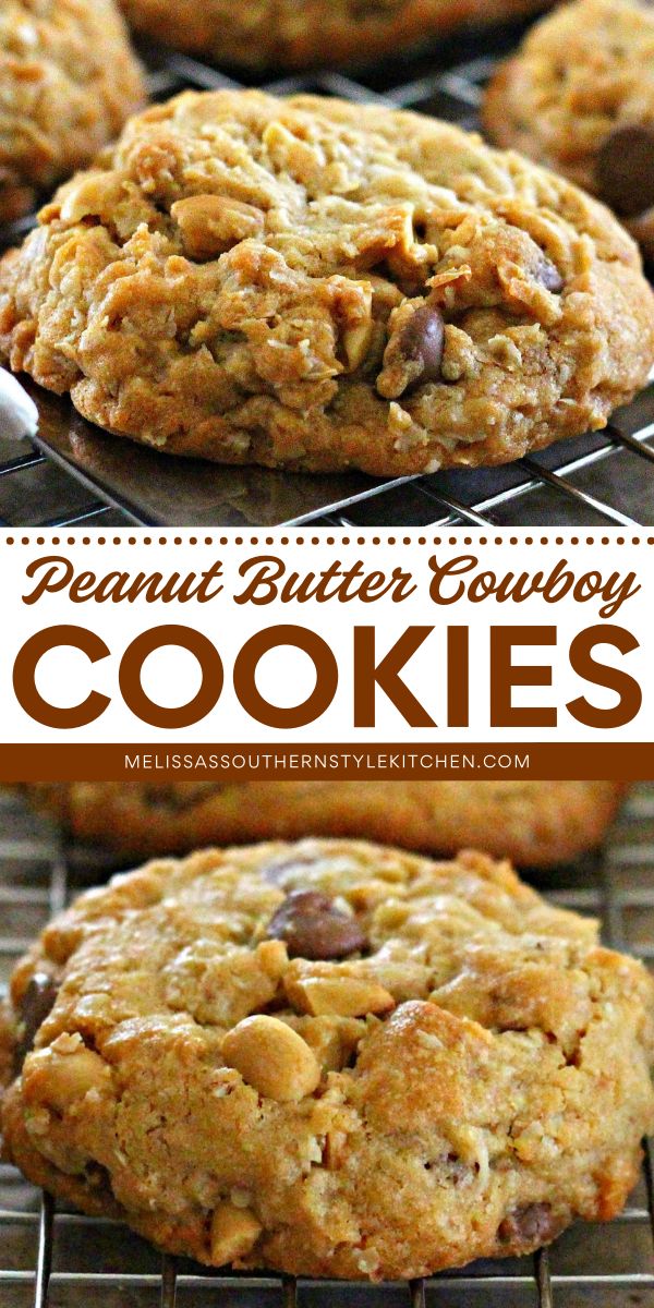 Nothing beats homemade peanut butter cowboy cookies! They're an easy baked good in just 30 minutes. Loaded with oats, coconut, chocolate chips, and salted peanuts, these peanut butter cookies are one of the best dessert recipes! Save this pin and enjoy these yummy cookies! Healthy Peanut Butter Cookies, Salted Peanuts, Baked Good, Easy Peanut Butter Cookies, Cowboy Cookies, Coconut Peanut Butter, The Best Dessert Recipes, Easy Chocolate Chip Cookies, Coconut Chocolate