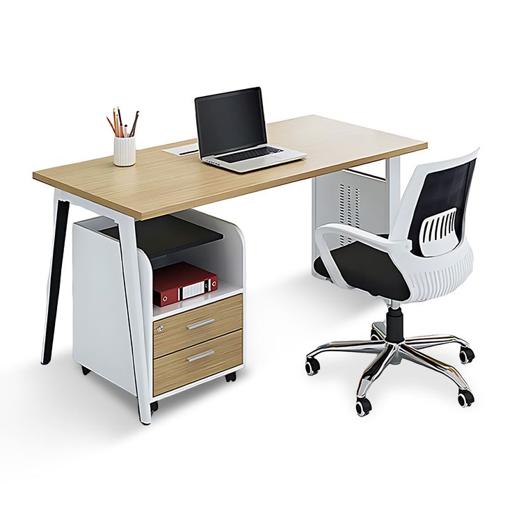 an office desk with a laptop computer on top of it and a chair next to it