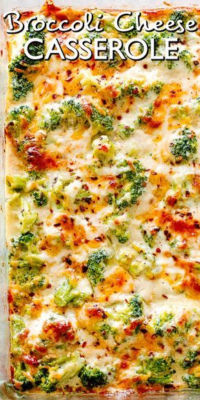 broccoli cheese casserole in a glass dish with the title above it