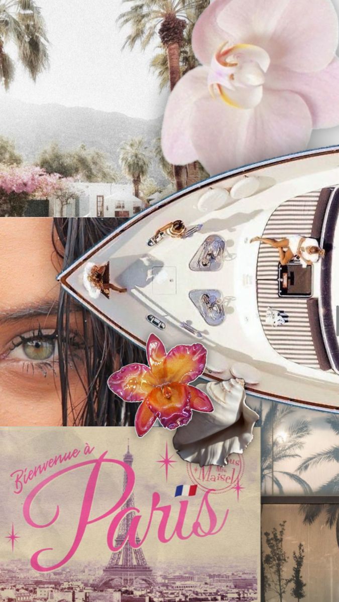 an artistic collage with the eiffel tower in paris and pink orchids