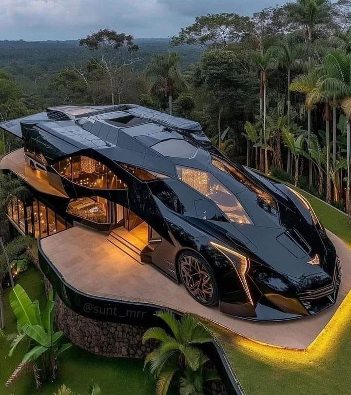 an aerial view of a black car in the middle of a lush green area with palm trees