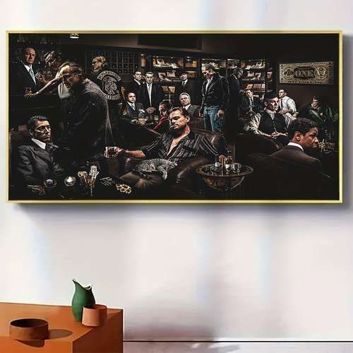 a group of people are gathered together in a room with a painting on the wall