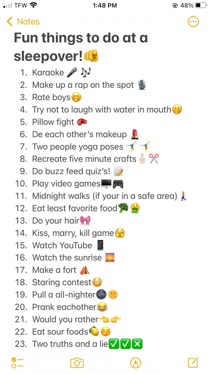 an image of a text message with emoticions on it that says fun things to do at sleepover