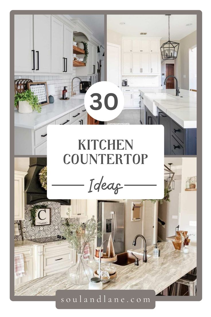 the kitchen counter top is surrounded by photos and text that reads 30 kitchen countertop ideas