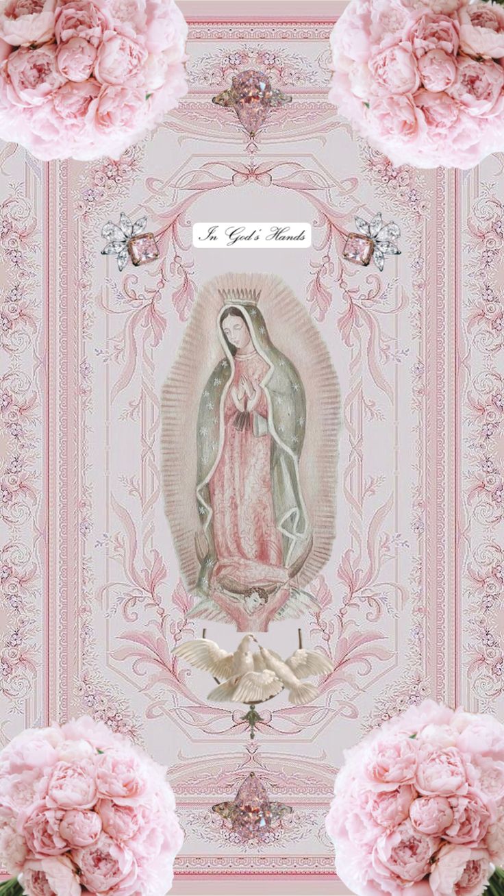 the virgin mary with pink peonies in front of it and an ornate border