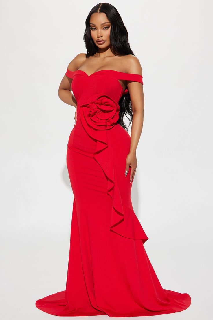 Available In Red And Black. Gown Off Shoulder Sleeveless Bra Cups Padded Flower Applique Ruffle Stretch Hidden Back Zipper Self 95% Polyester 5% Spandex Contrast 100% Polyester Imported | Sitting Pretty Gown Dress in Red size XS by Fashion Nova Red And Black Gown, Gown Off Shoulder, Glam Closet, Womens Outfit, Sitting Pretty, Black Gown, Gown Dress, Flower Applique, Bra Cups