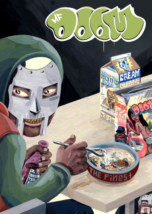 a person in a mask eating cereal from a bowl on a table next to boxes of cereal