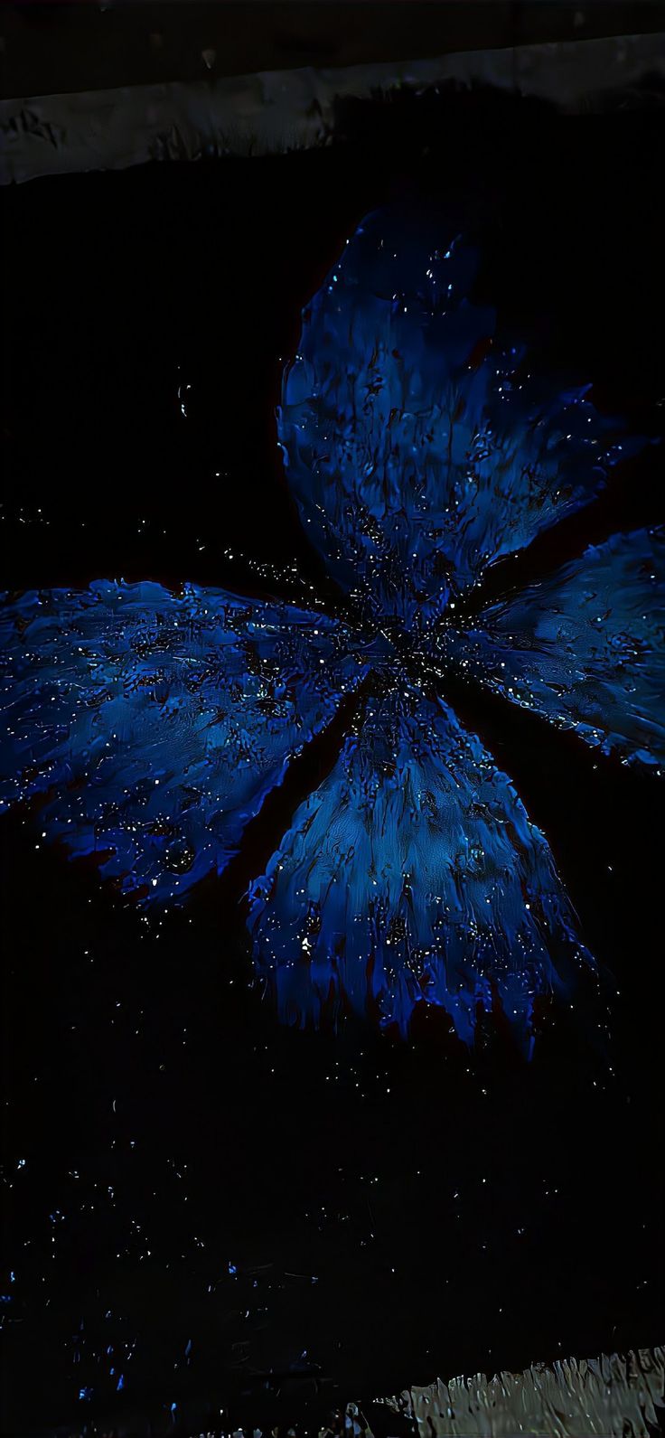 a blue butterfly with drops of water on it's wings is seen in the dark