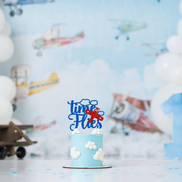 a blue cake with white frosting that says time flies on top and an airplane in the background