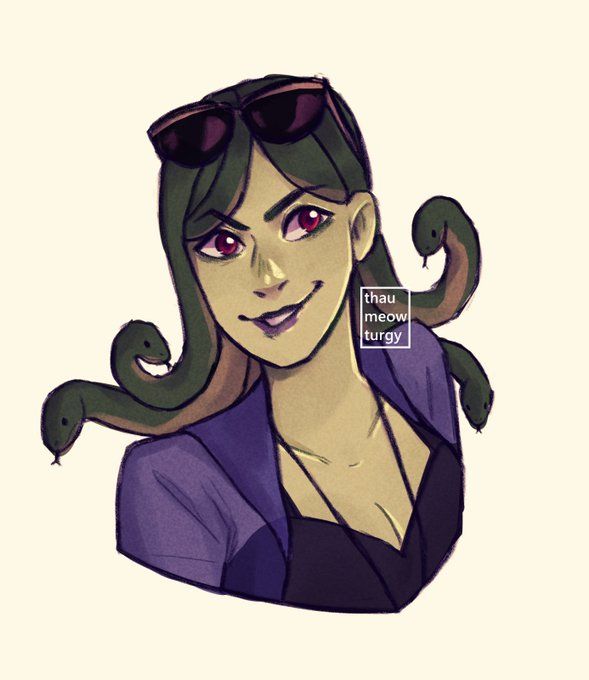 a drawing of a woman with green hair and sunglasses on her head, holding a snake wrapped around her neck