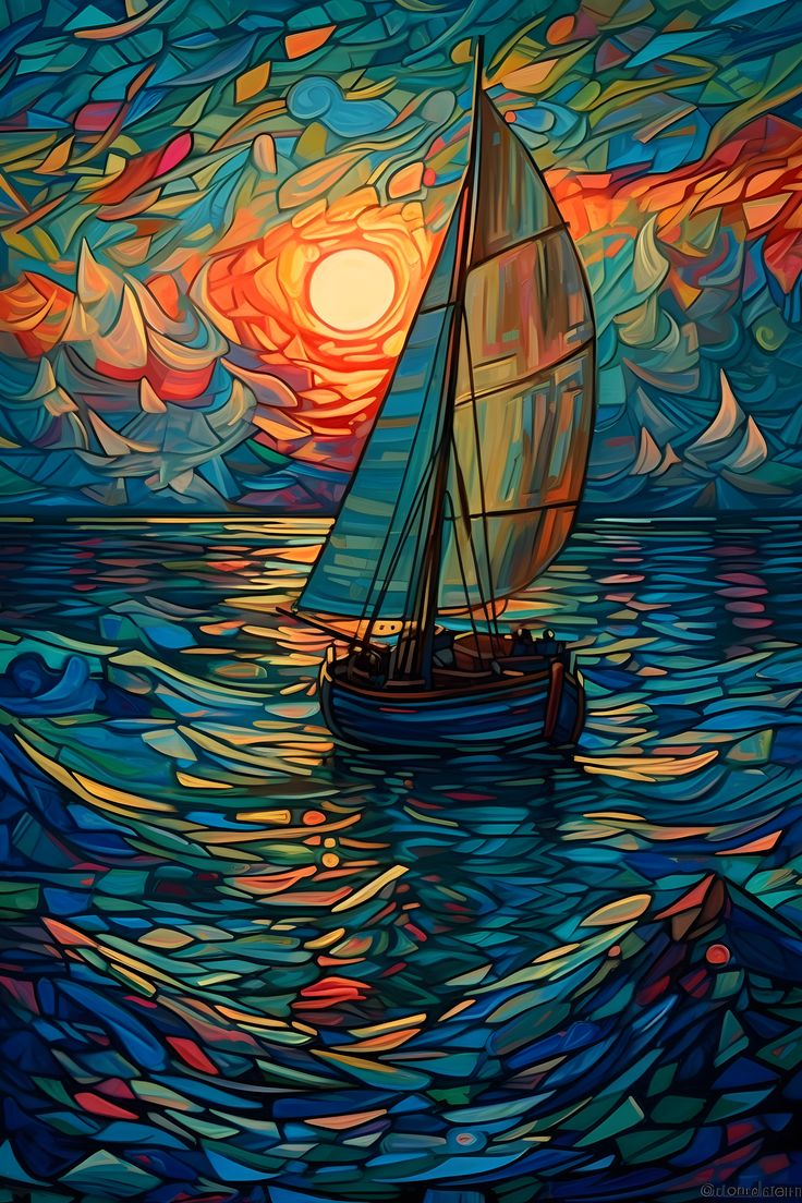 a painting of a sailboat in the ocean at sunset