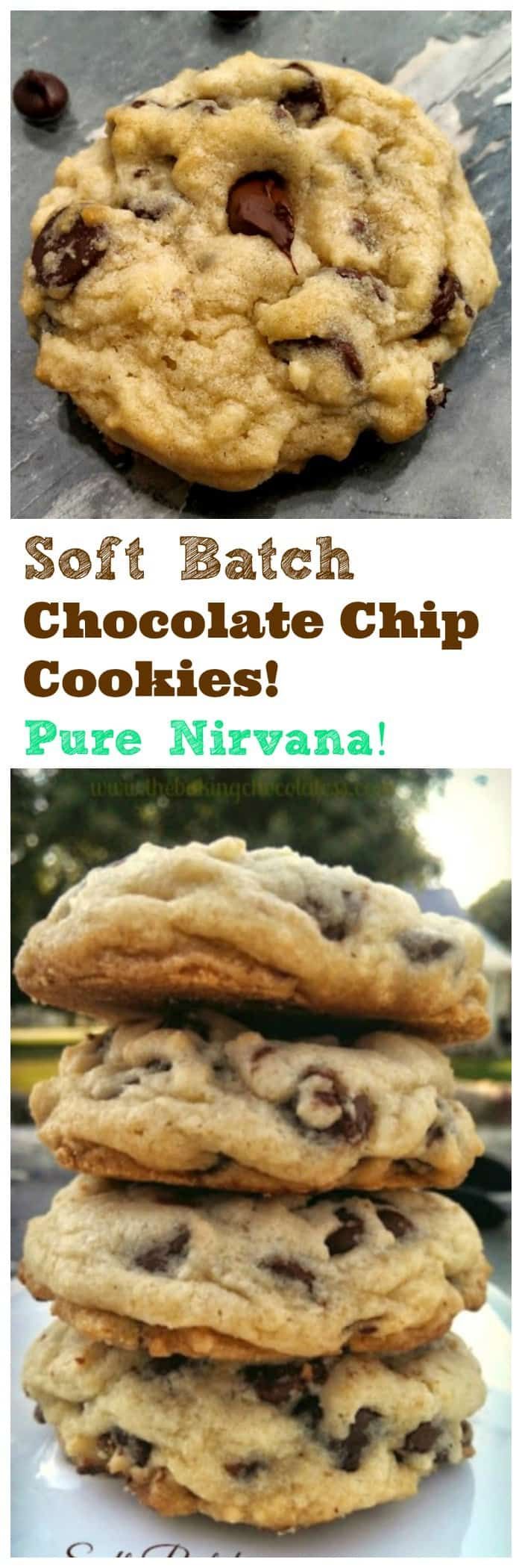 soft batch chocolate chip cookies are stacked on top of each other