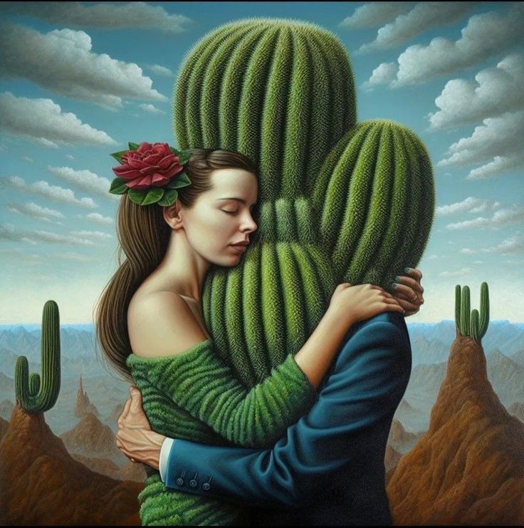 a painting of a woman hugging a cactus