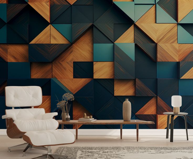 a modern living room with wood paneled wall and white chair in the foreground