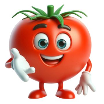 a cartoon tomato with arms and legs pointing at it's left side, smiling