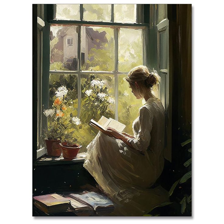 a woman sitting on a window sill reading a book