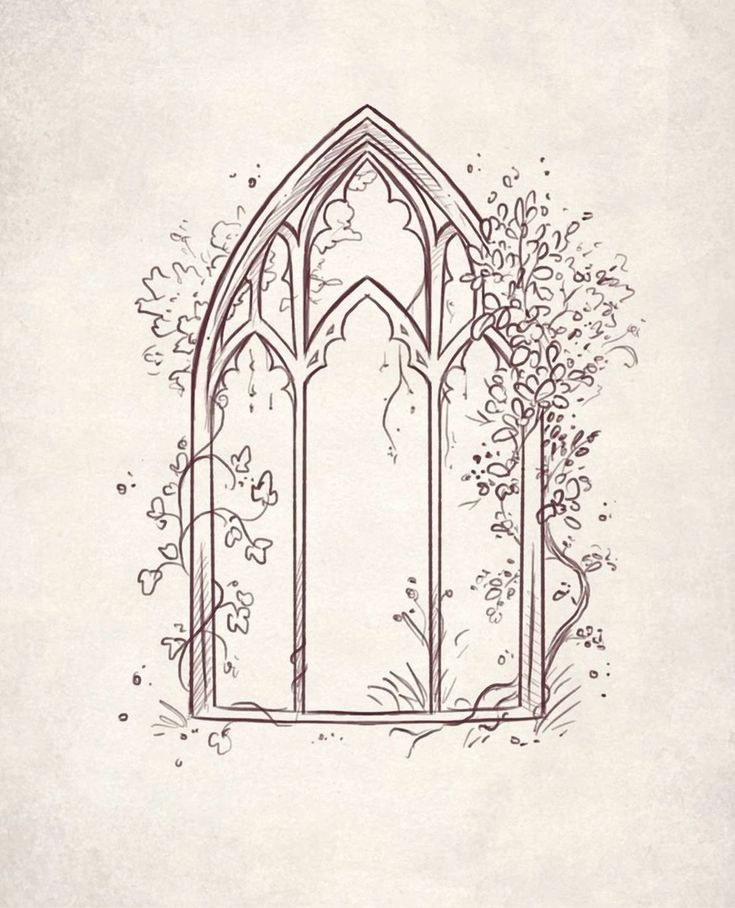 a drawing of a window with vines growing out of it