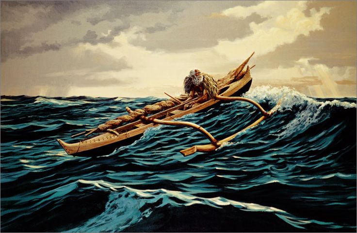 a painting of a man on a boat in the ocean with an octopus coming out of it